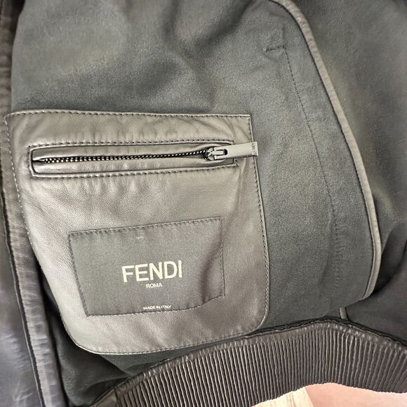 Fendi Black Soft Leather Fendi Embossed Monogram Front Long Sleeve Hooded Jacket - Picture 9 of 16